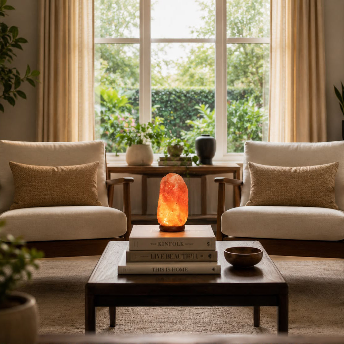 Natural salt lamp in a bright living room