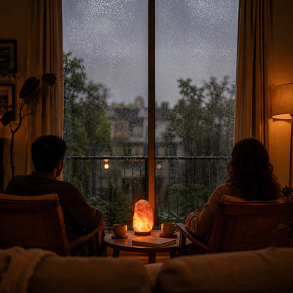 Himalayan salt lamp beside a rainy window