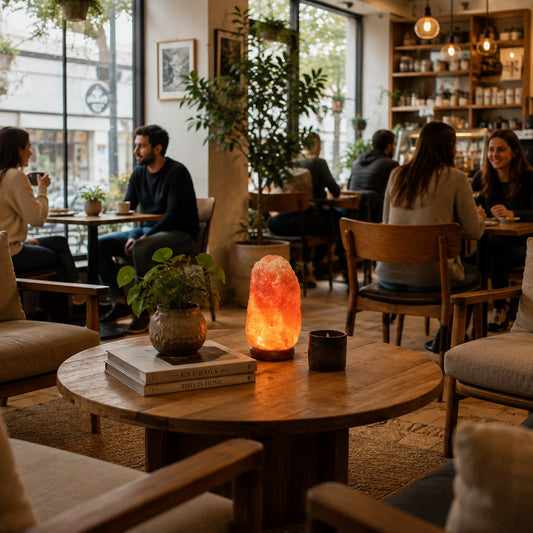 Himalayan salt lamp glowing in a cafe