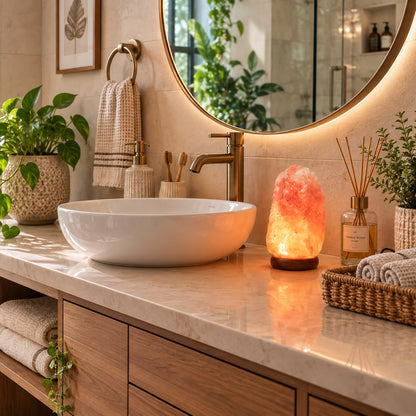 Pink salt lamp adding warm light to a bathroom