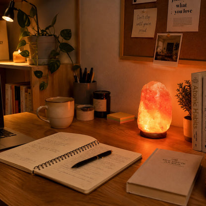 Pink salt lamp used as warm desk lighting