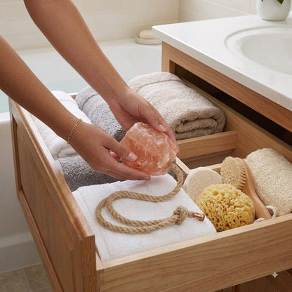 Himalayan pink salt bath and shower rock with natural rope