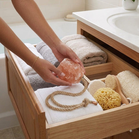 Himalayan pink salt bath and shower rock with natural rope
