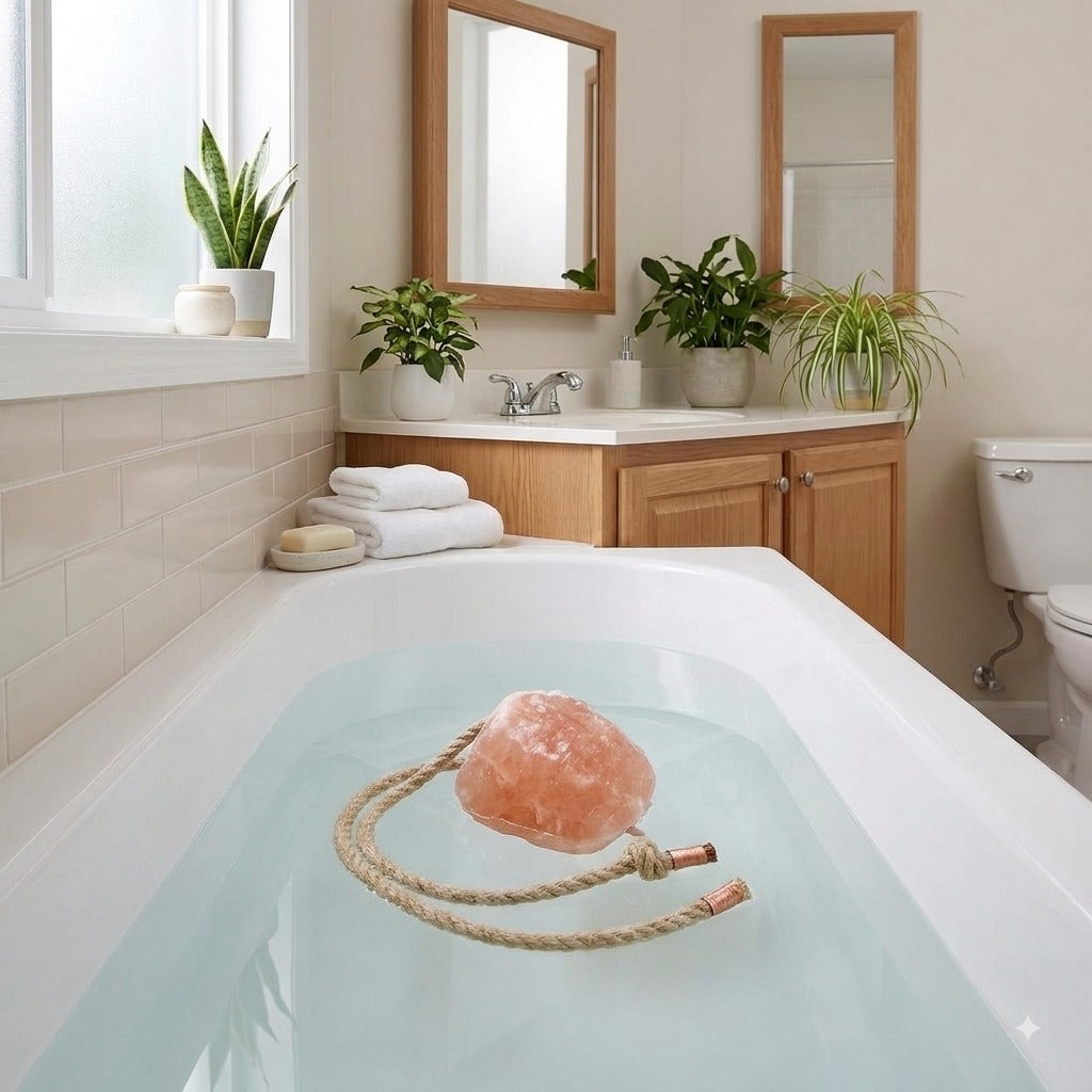 Himalayan salt bath rock with rope resting in bath water