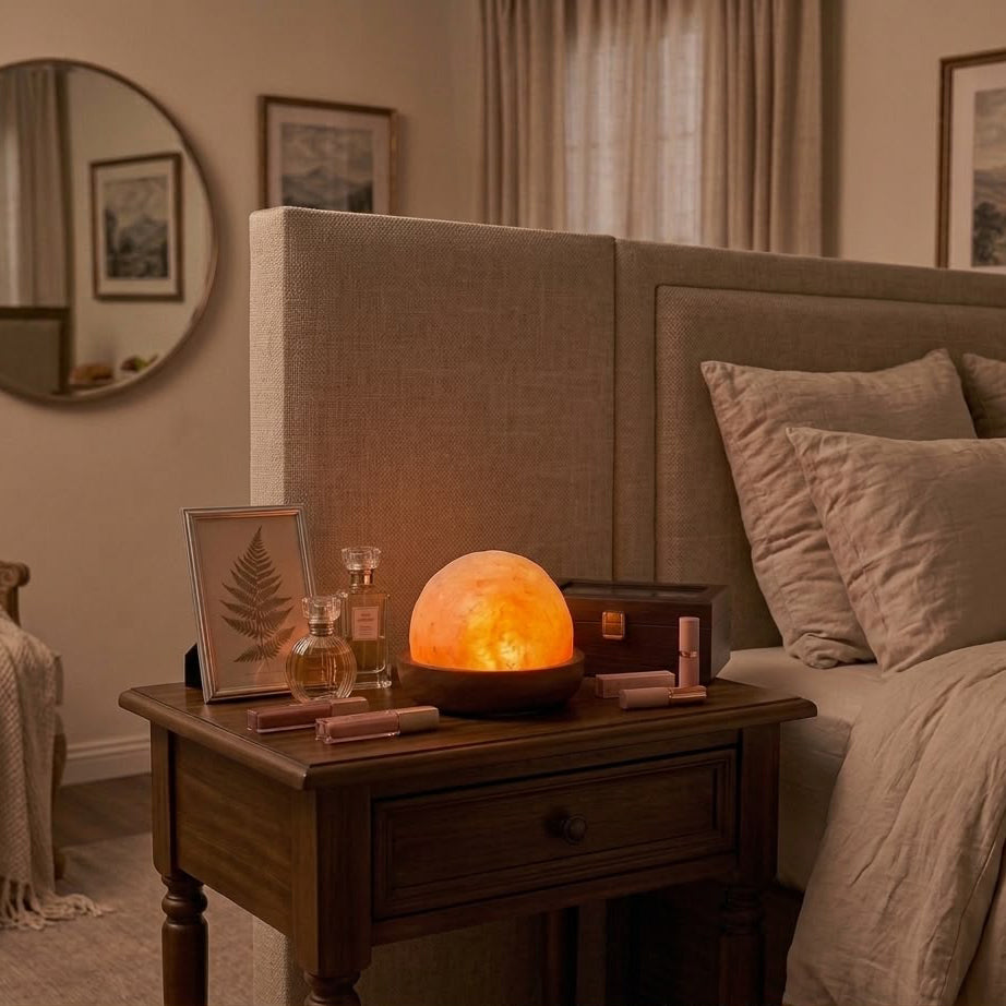 Himalayan Pink Salt Dome Table Lamp with Wooden Bowl Base