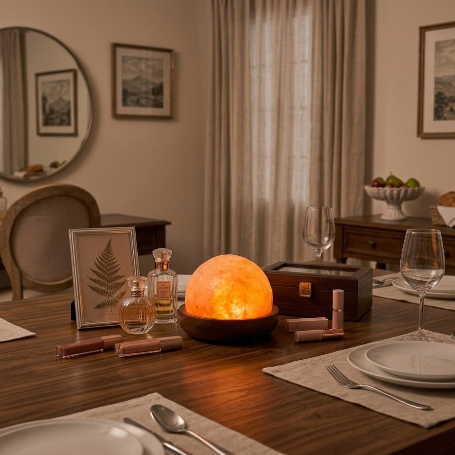 Himalayan Pink Salt Dome Table Lamp with Wooden Bowl Base