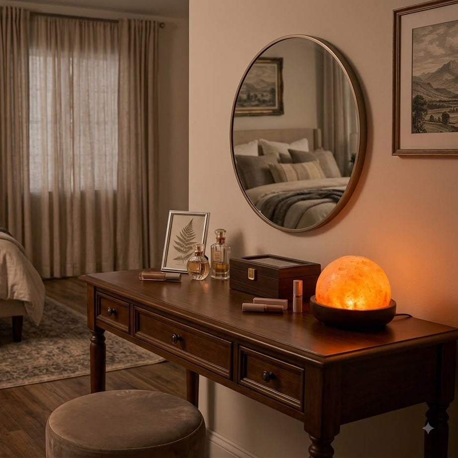 Himalayan Pink Salt Dome Table Lamp with Wooden Bowl Base