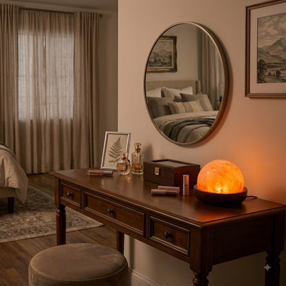 Himalayan Pink Salt Dome Table Lamp with Wooden Bowl Base