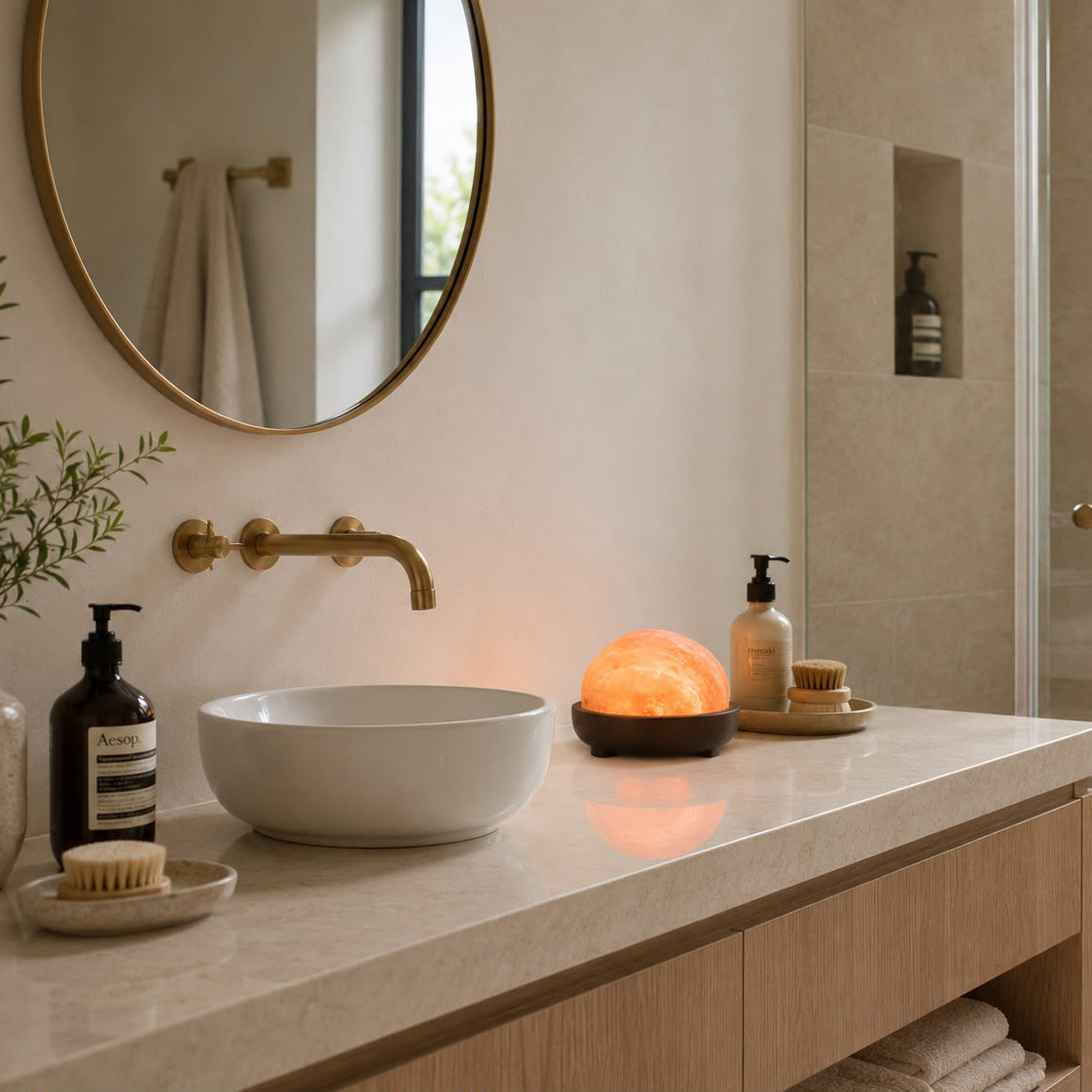 Himalayan Pink Salt Dome Table Lamp with Wooden Bowl Base
