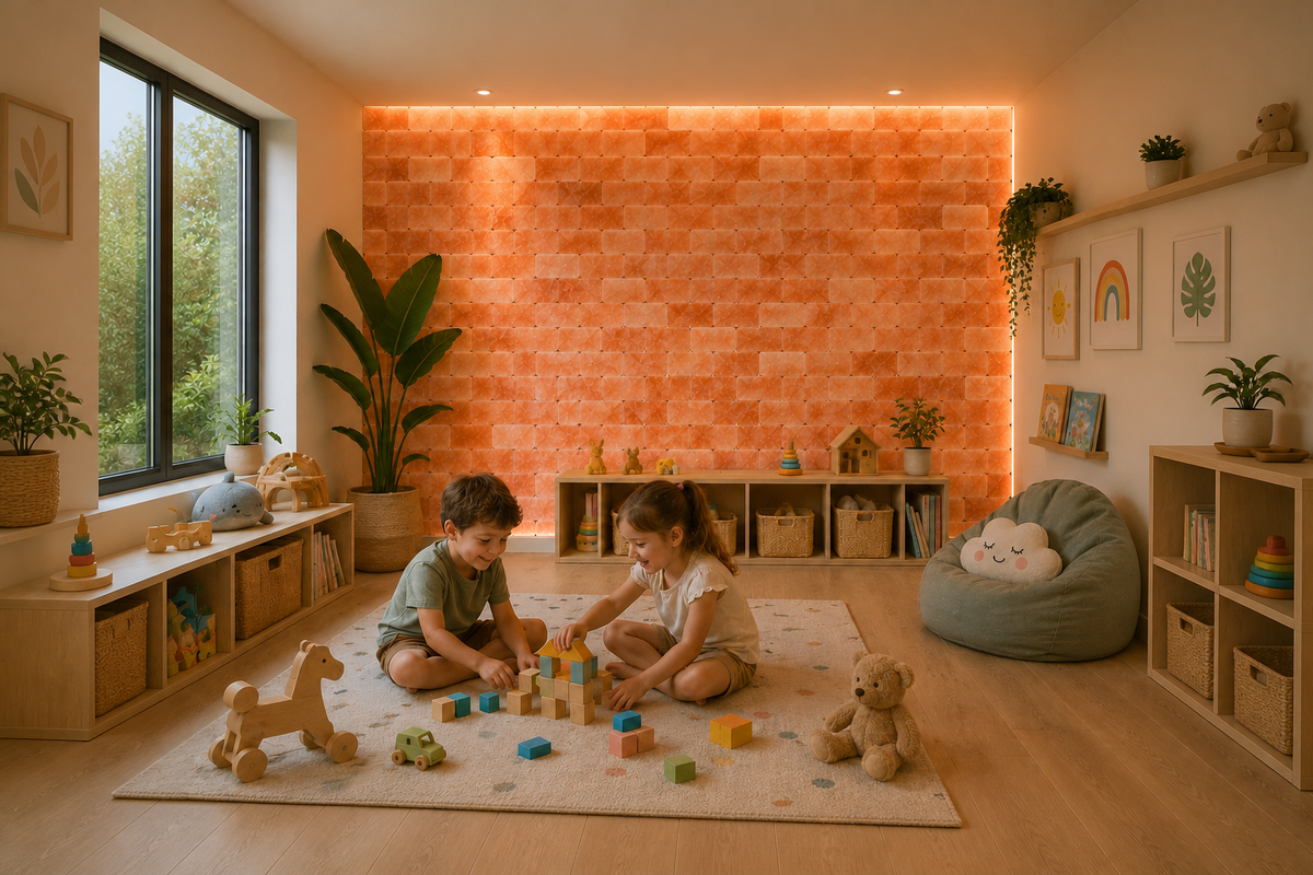 Same empty room after an illuminated Himalayan pink salt tile wall installation