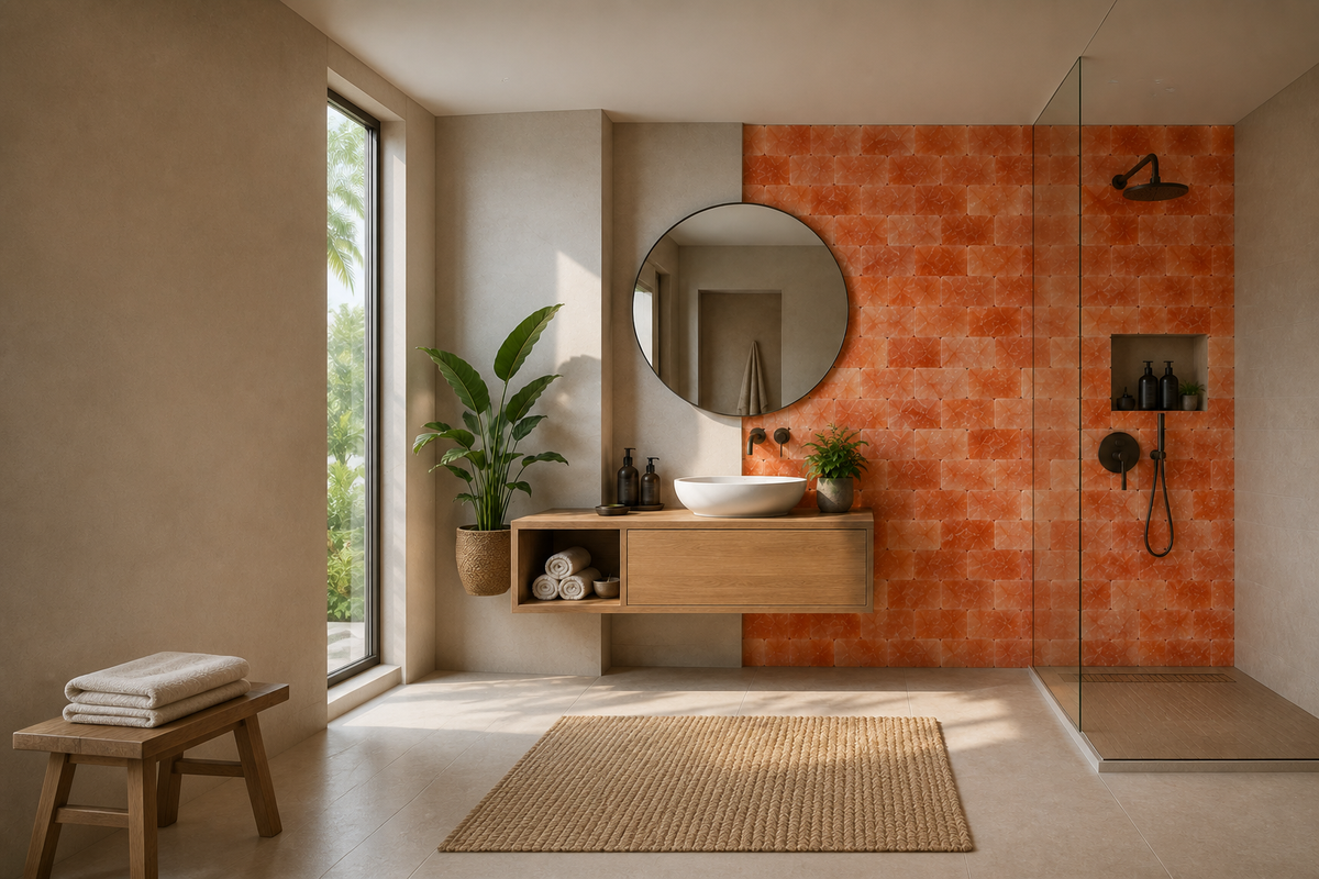 Luxury bathroom with a Himalayan salt tile shower wall