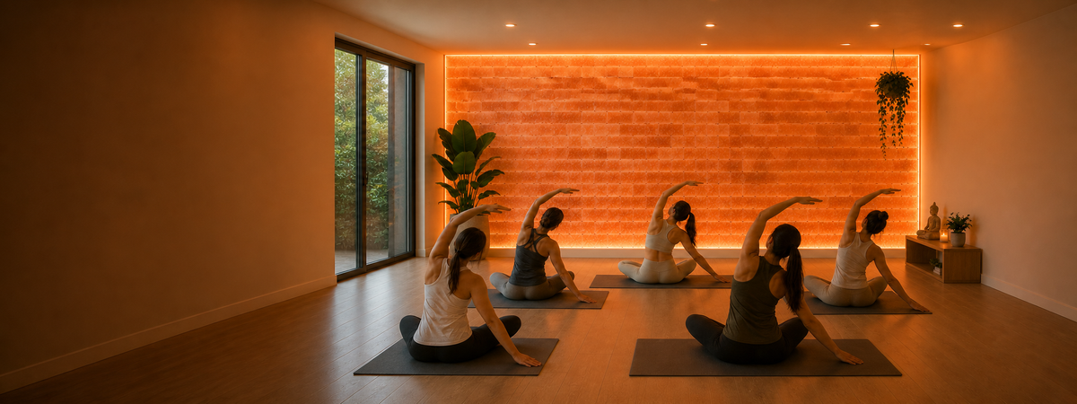 Wide yoga class in front of an illuminated Himalayan salt tile wall