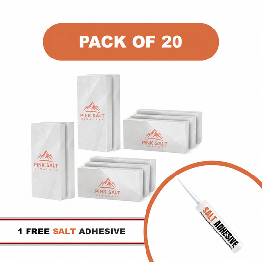 Pink Salt Himalaya branded white salt tiles - Himalayan White Salt Tiles 8" x 4" x 1" – Pack of 20 With Salt Adhesive