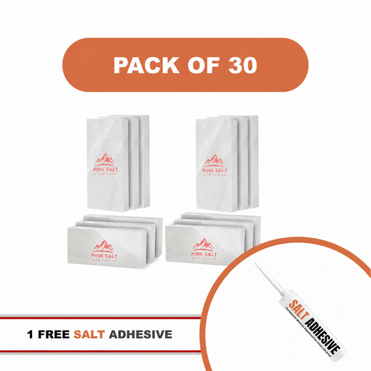 Pink Salt Himalaya branded white salt tiles - Himalayan White Salt Tiles 8" x 4" x 1" – Pack of 30 With Salt Adhesive