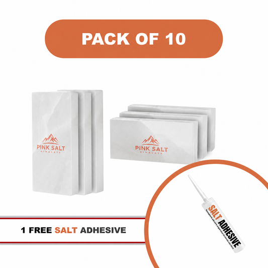 Pink Salt Himalaya branded white salt tiles - Himalayan White Salt Tiles 8" x 4" x 1" – Pack of 10 With Salt Adhesive