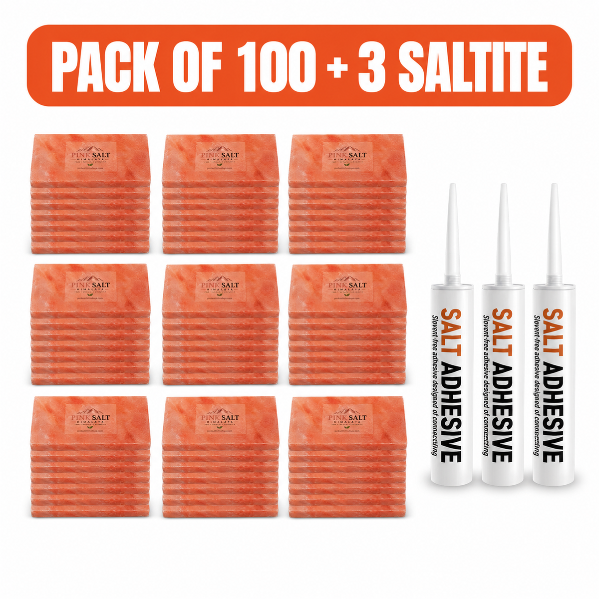 Pink Salt Himalaya salt tile main image - Pack of 100 with 3 Saltite adhesive tubes