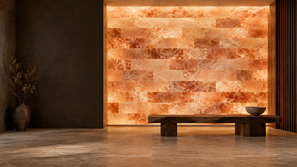 Architectural concept: a backlit Himalayan salt wall in a warm Scandinavian interior