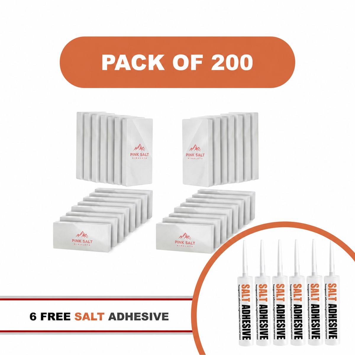 Pink Salt Himalaya branded white salt tiles - Himalayan White Salt Tiles 8" x 4" x 1"- Pack of 200 With 6 Salt Adhesive