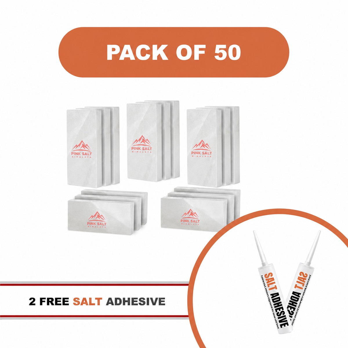Pink Salt Himalaya branded white salt tiles - Himalayan White Salt Tiles 8" x 4" x 1" – Pack of 50 With 2 Salt Adhesive